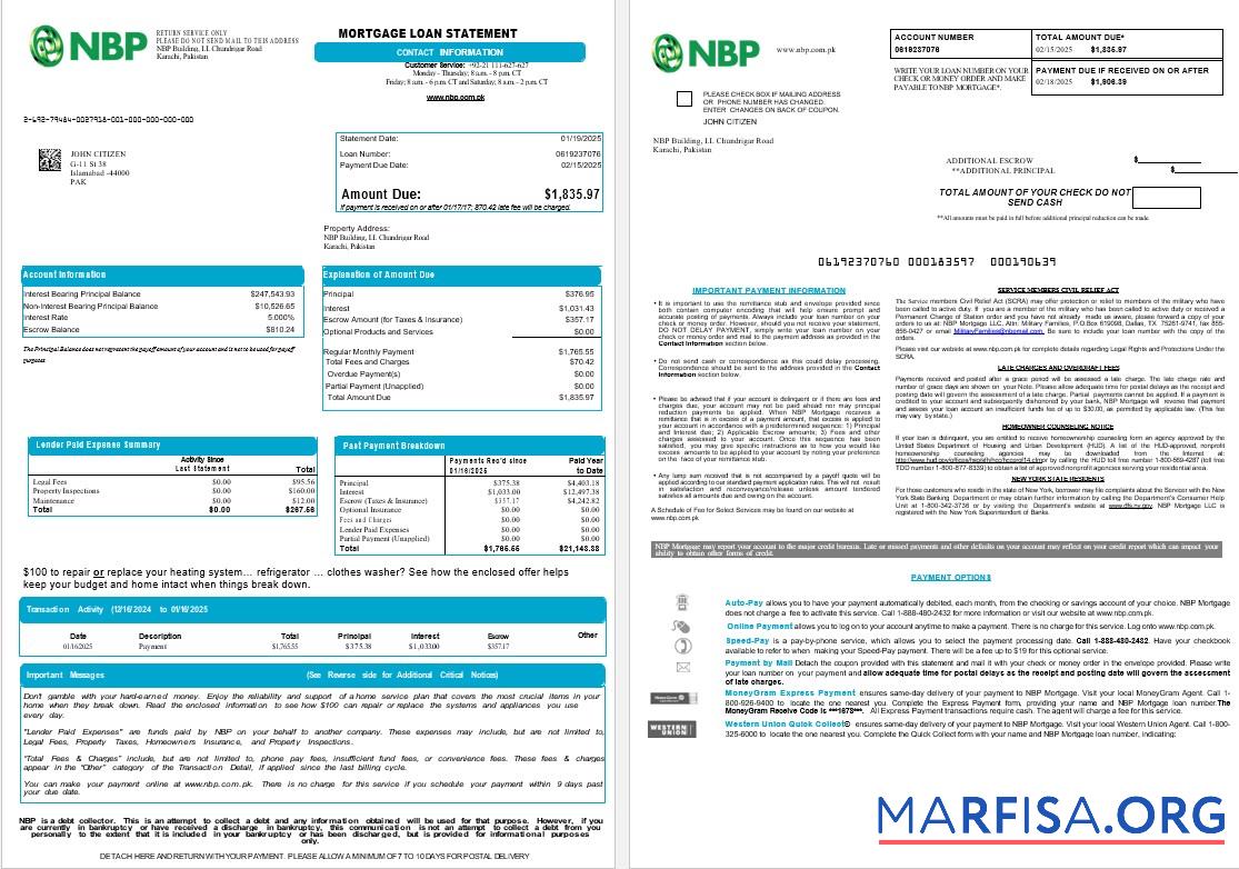 Downloadable Pakistan NBP mortgage loan statement in Word and PDF formats , 8 pages 1 2 download for verification